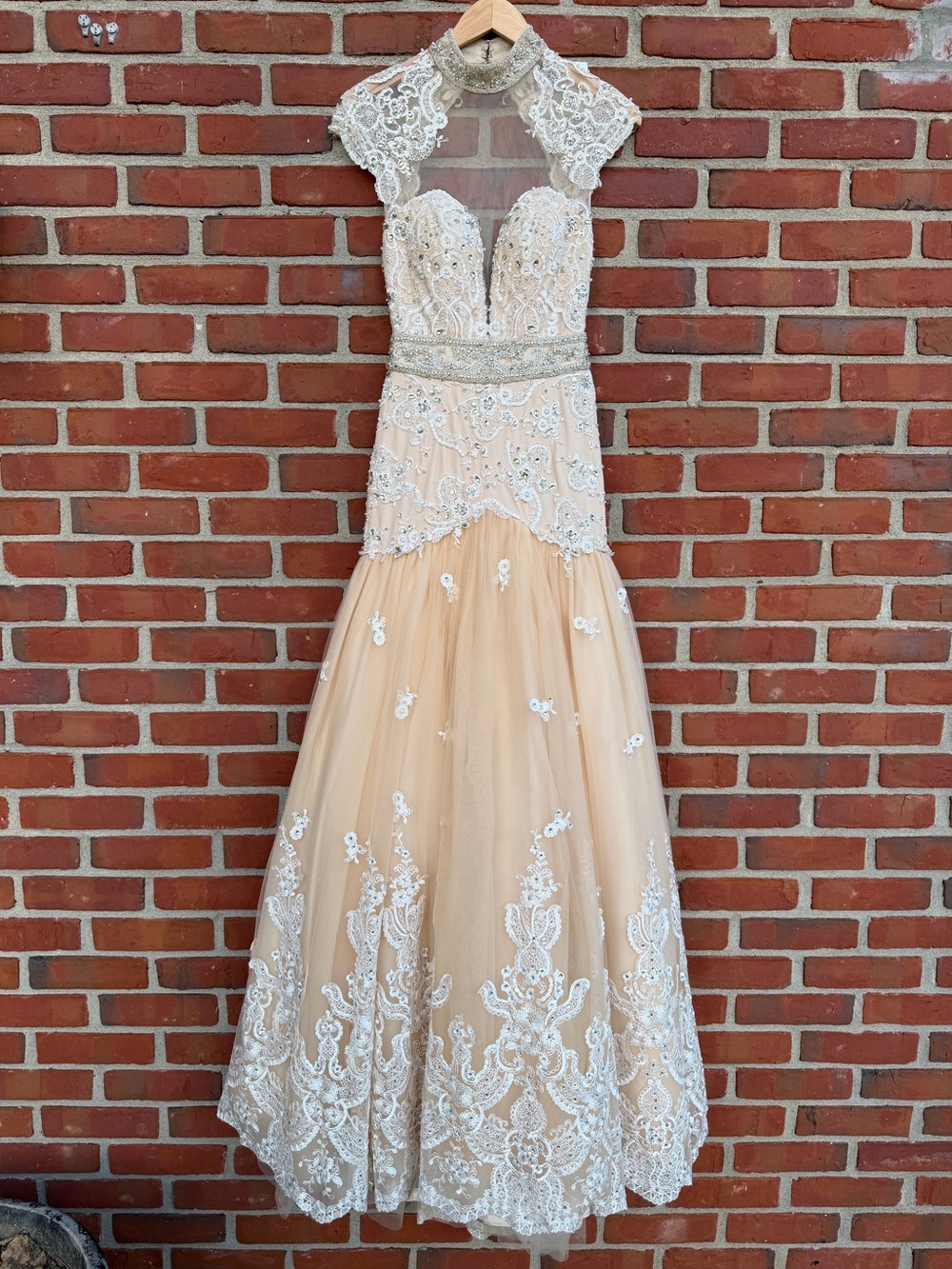Angela & Alison Embellished High-Neck Blush Lace Evening Bridal Prom Dress